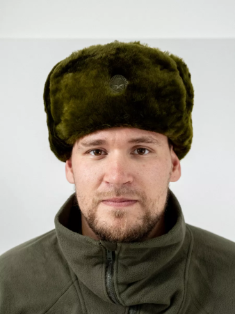 Шапка-ушанка ВКБО офицерская с кокардой из овчины, зеленый, овчина - интернет магазин Полигон