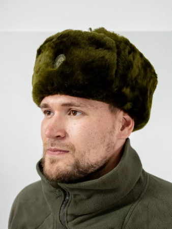 Шапка-ушанка ВКБО офицерская с кокардой из овчины, зеленый, овчина - интернет магазин Полигон